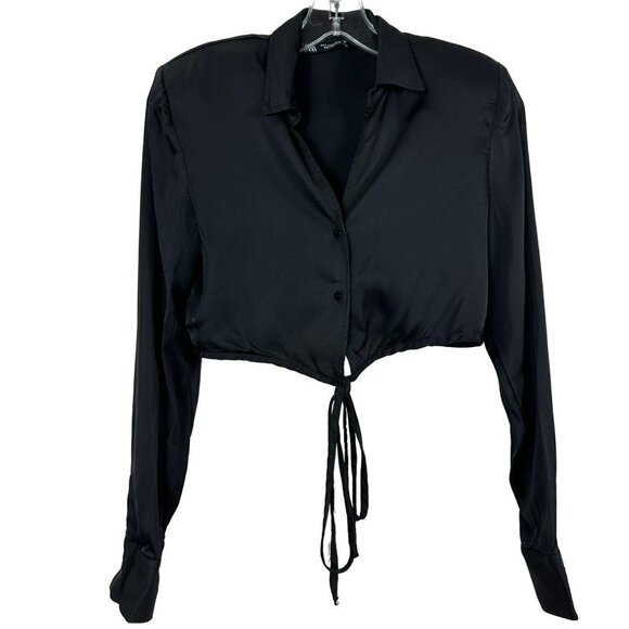 2/$30 Zara Black Satin Efect Crop Shirt Dressy Size Small - Picture 4 of 15